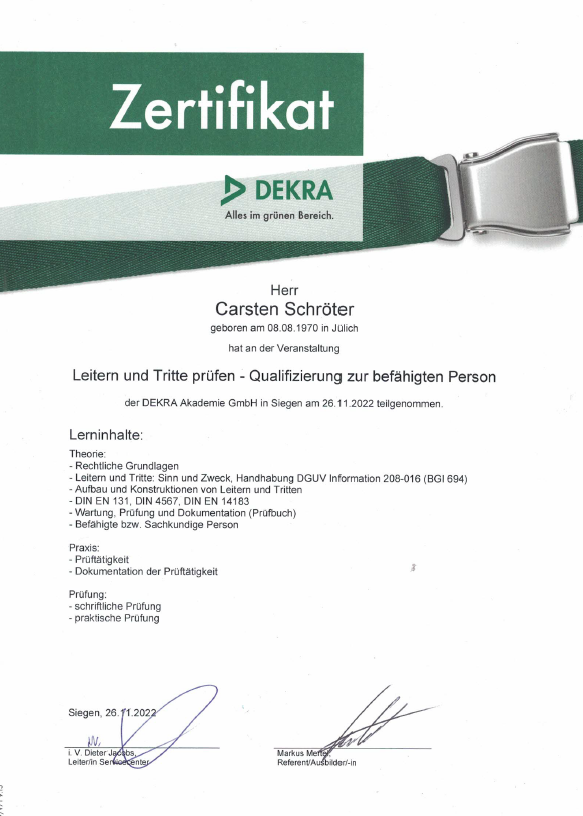 Dekra Zertifikat Leitern & Tritte