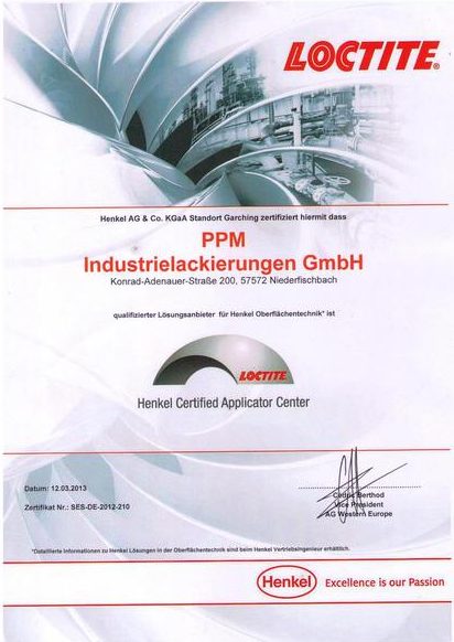 Zertifikat Fa. Henkel/Loctite
