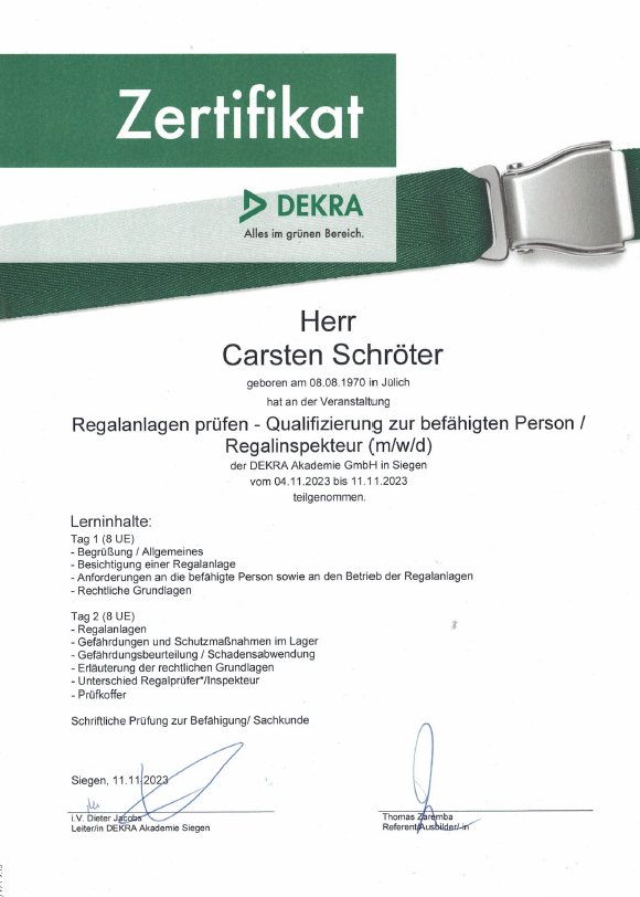 Dekra Zertifikat Regalinspektion